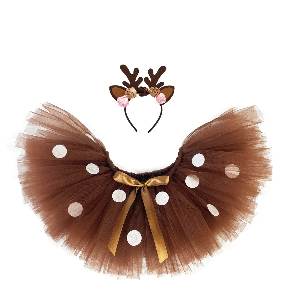 Baby Girls Brown Deer Tutu Skirt Christmas Costume Kids Reindeer Tulle Skirt with White Dots Children Halloween Birthday Outfit