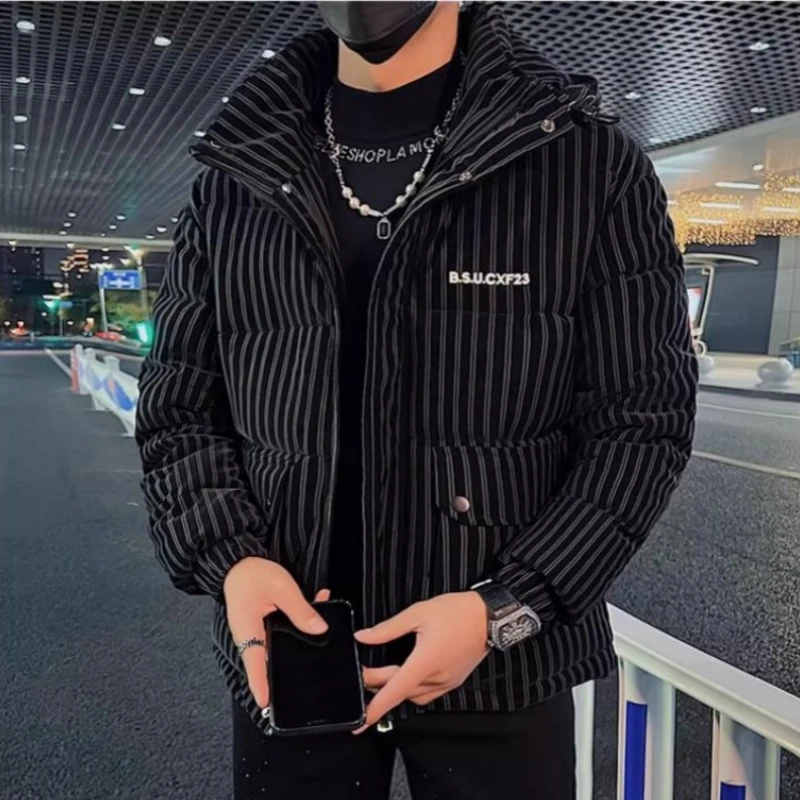 

Winter Leather Jacket Men Fashion Striped Hooded Puffer Thick Parkas Thickened and Warm Cotton Jackets Casual Hiphop Overcoat