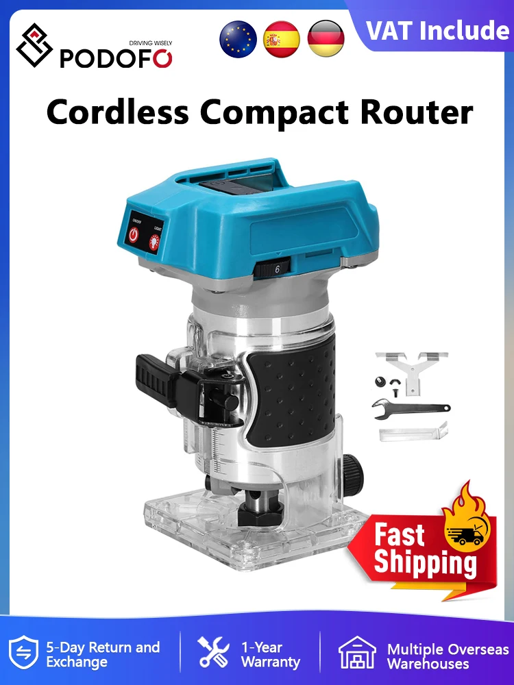 Podofo draadloze compacte router borstelloze router houtsnijder router 6,35 mm trimdiameter palmrouter geschikt voor Makita-batterij - afbeelding 2