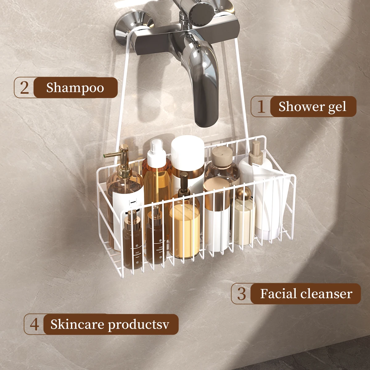 Metal wall mounted toothbrush holder, non perforated shower rack, used for bathroom storage and multifunctional organizing baske