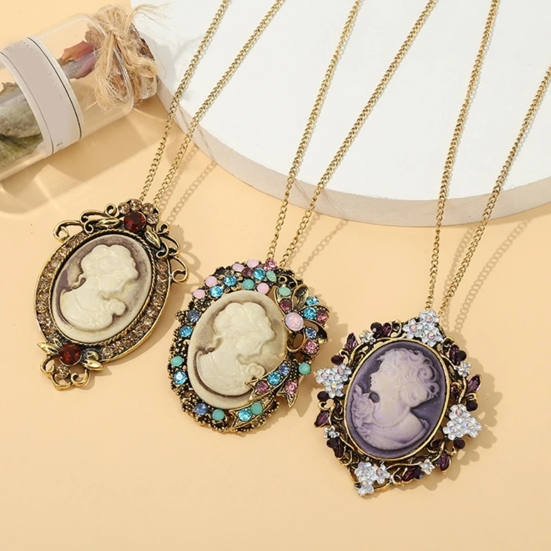 Crystal Rhinestones Cameo Charm Vintage Necklace Vintage Jewelry Gifts for Holiday Multi Functional Alloy Jewelry