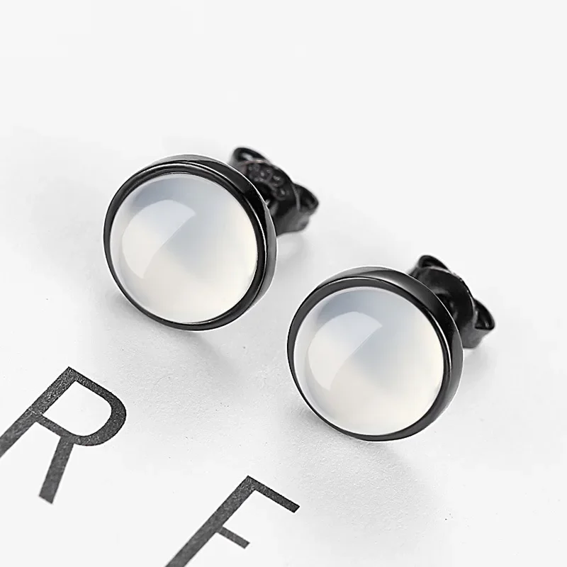 Women's Fashion Tiny Stud Earrings Simple Style Transparent Moonstone Black Copper Small Round Ear Piercing Jewelry Best Gifts