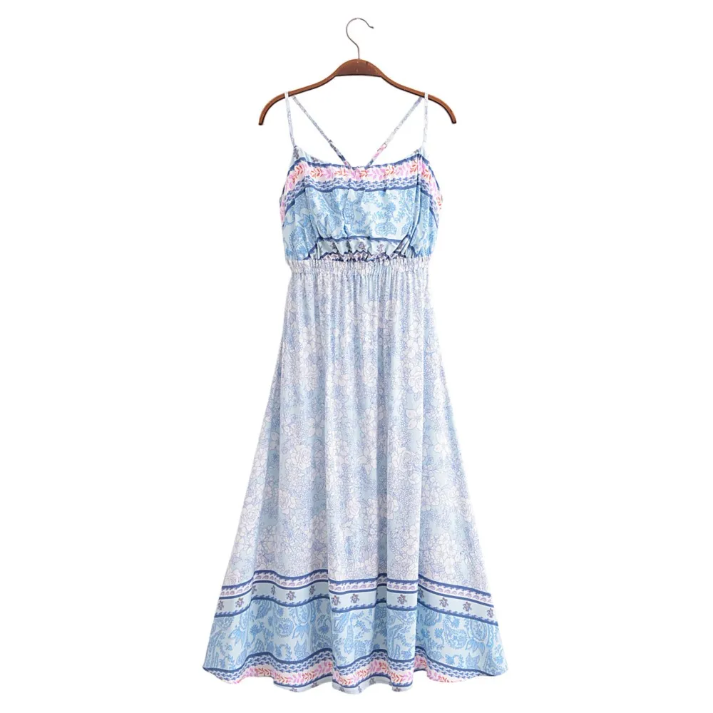 2024 BOHO Contrast Color Blue White Floral Print Backless Sling Dress Holiday Woman Cross Strap Back Robe Beach Vestidos Holiday