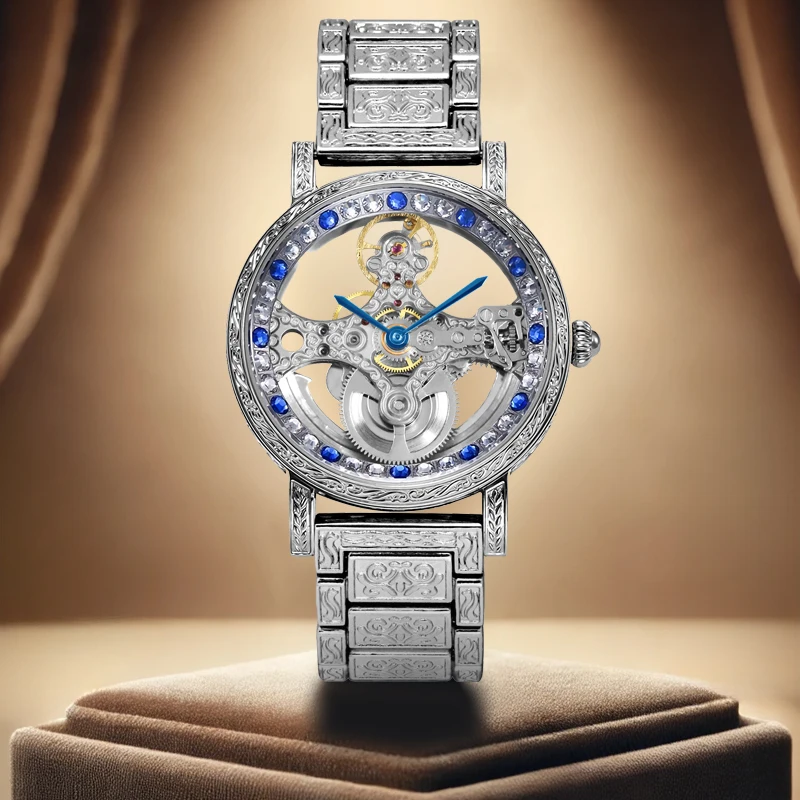 A Men's Silver-Toned Steel Strap with a Statement Fashion Cross Skeletonized Automatic Mechanical Watch