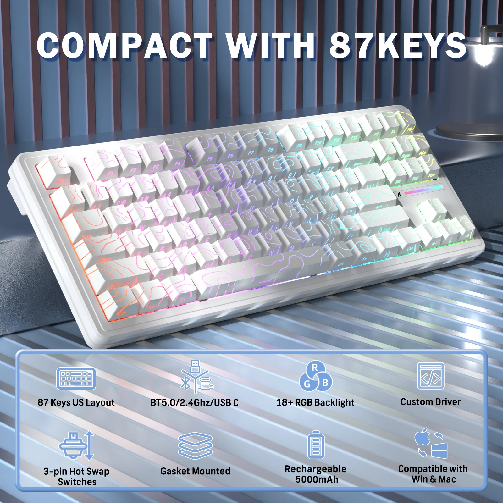 ATTACK SHARK M87PRO Tri-mode Wireless Mechanical Gaming Keyboard Hot Swappable RGB Backlit Gasket Structure For PC MAC