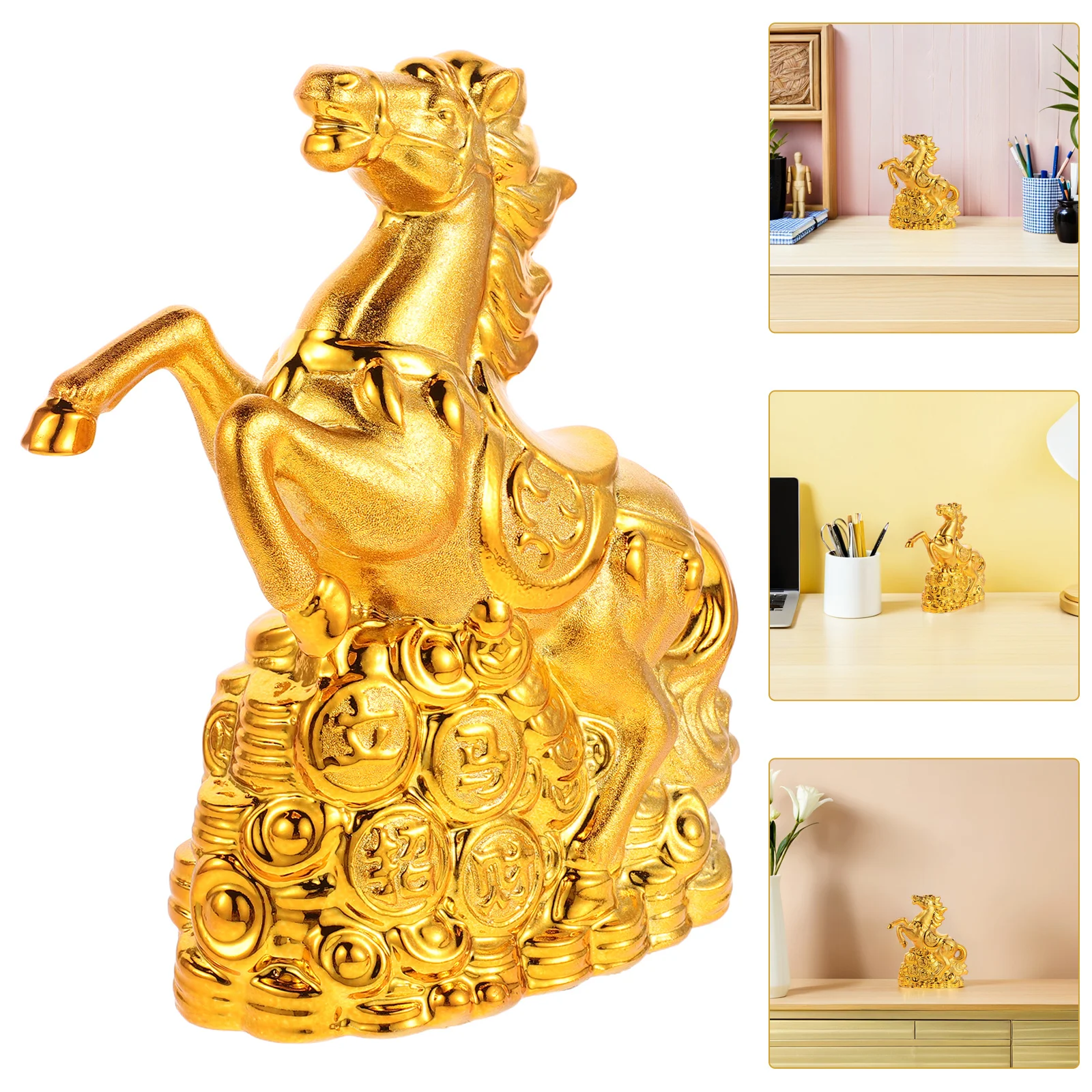 

Ceramic Zodiac Horse Coin Bank Gold Finish Animal Statue Decorative Money Holder for Home Office Desk Chinese New Year Gift