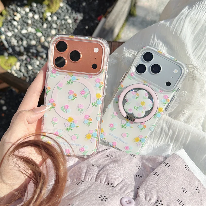 

Cute Floral Print For MagSafe Phone Case with Stand For iPhone 15 16 17 Pro Max Kawaii Shockproof Protective Cover