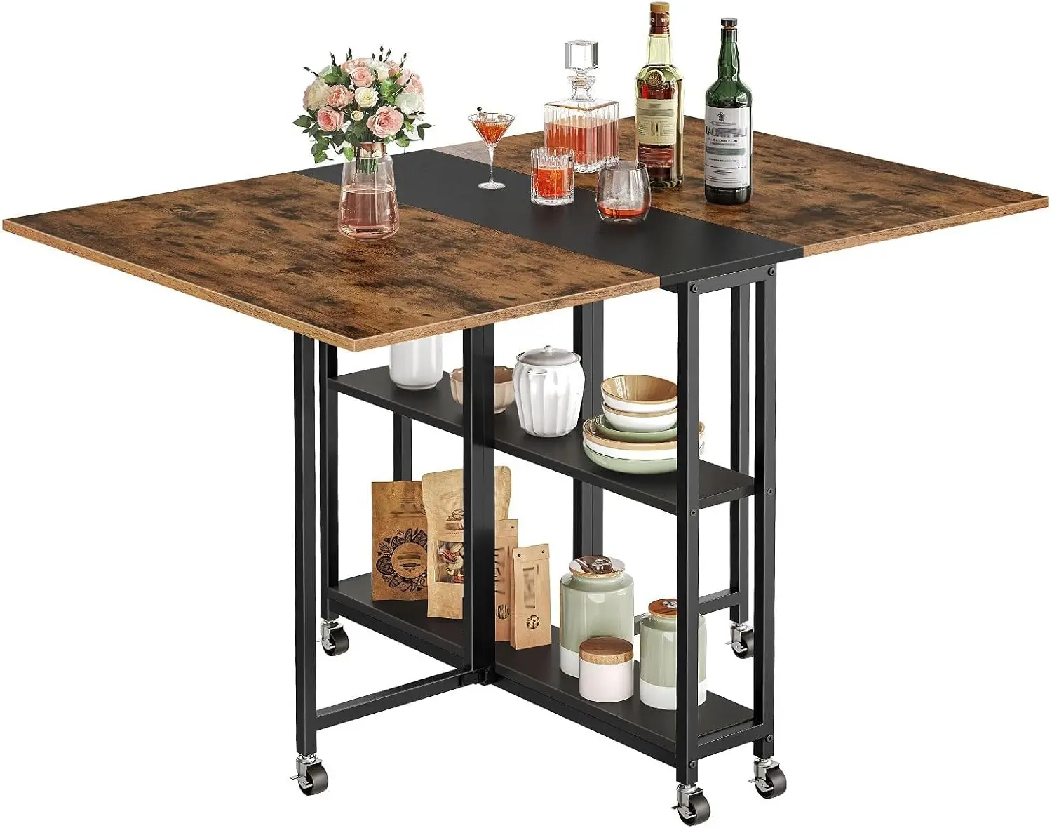 

Foldable Expandable Dining Table with Wheels and Shelf, Rustic Brown for Kitchen Living Room