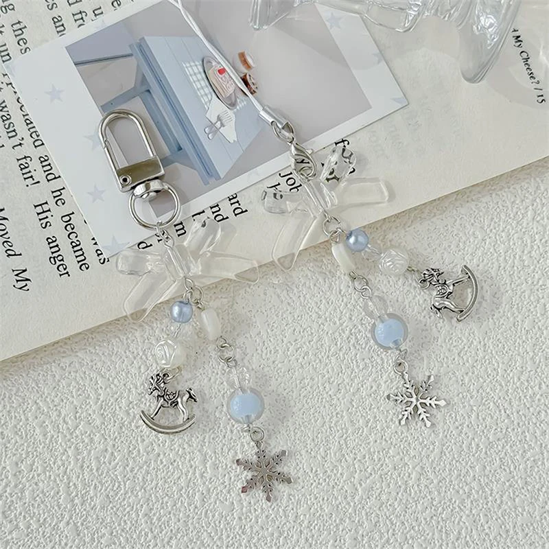 น่ารักโรแมนติกเกล็ดหิมะโทรจันโบว์โทรศัพท์มือถือ CHAIN Lanyard กระเป๋าแขวนเครื่องประดับจี้พวงกุญแจ Girly หวานอุปกรณ์เสริมของขวัญ