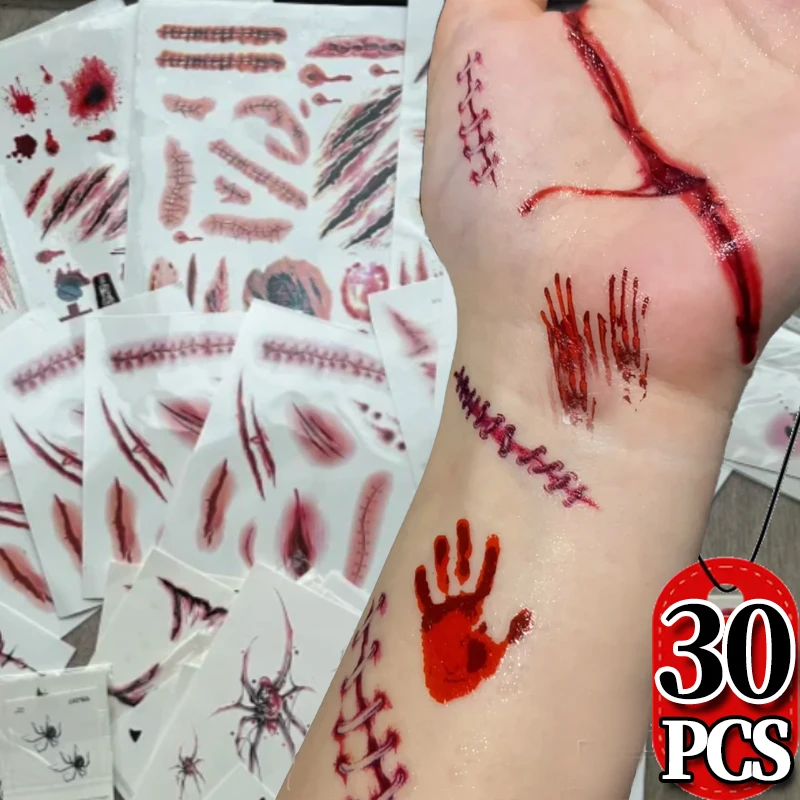 Halloween Terror Wound Temporary Tattoo Waterproof Realistic Blood Tattoos Injury Scar Tattoo Stickers for Face Hands Body Art