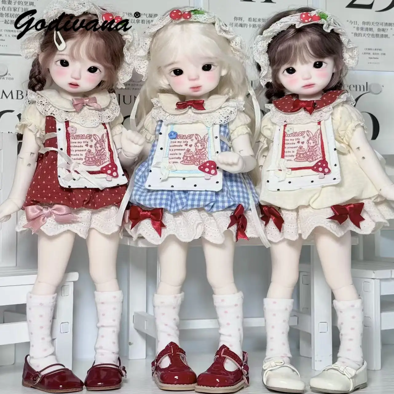 Retro Farm Lolita 1/4 1/6 BJD Doll Costume Lace Trim Doll Collar Polka Dot Gingham Layered Ruffle Dress Bonnet Hat Doll Dress‑up
