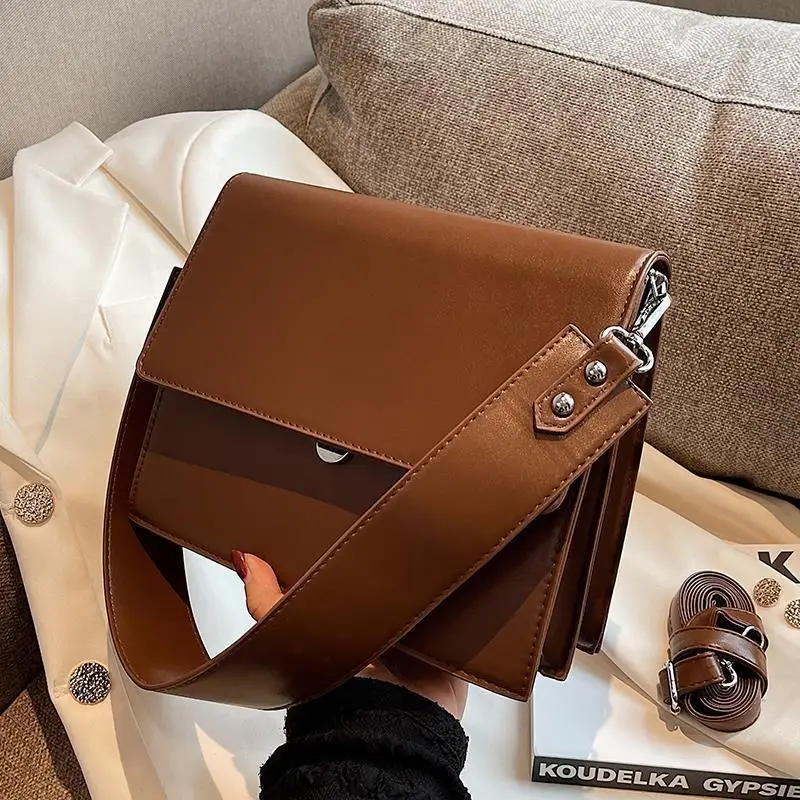 Fashion Square Women Shoulder Bags Double Layer Flap Crossbody Bags Luxury Pu Leather Wide Strap Messenger Bag Retro Simple Sac