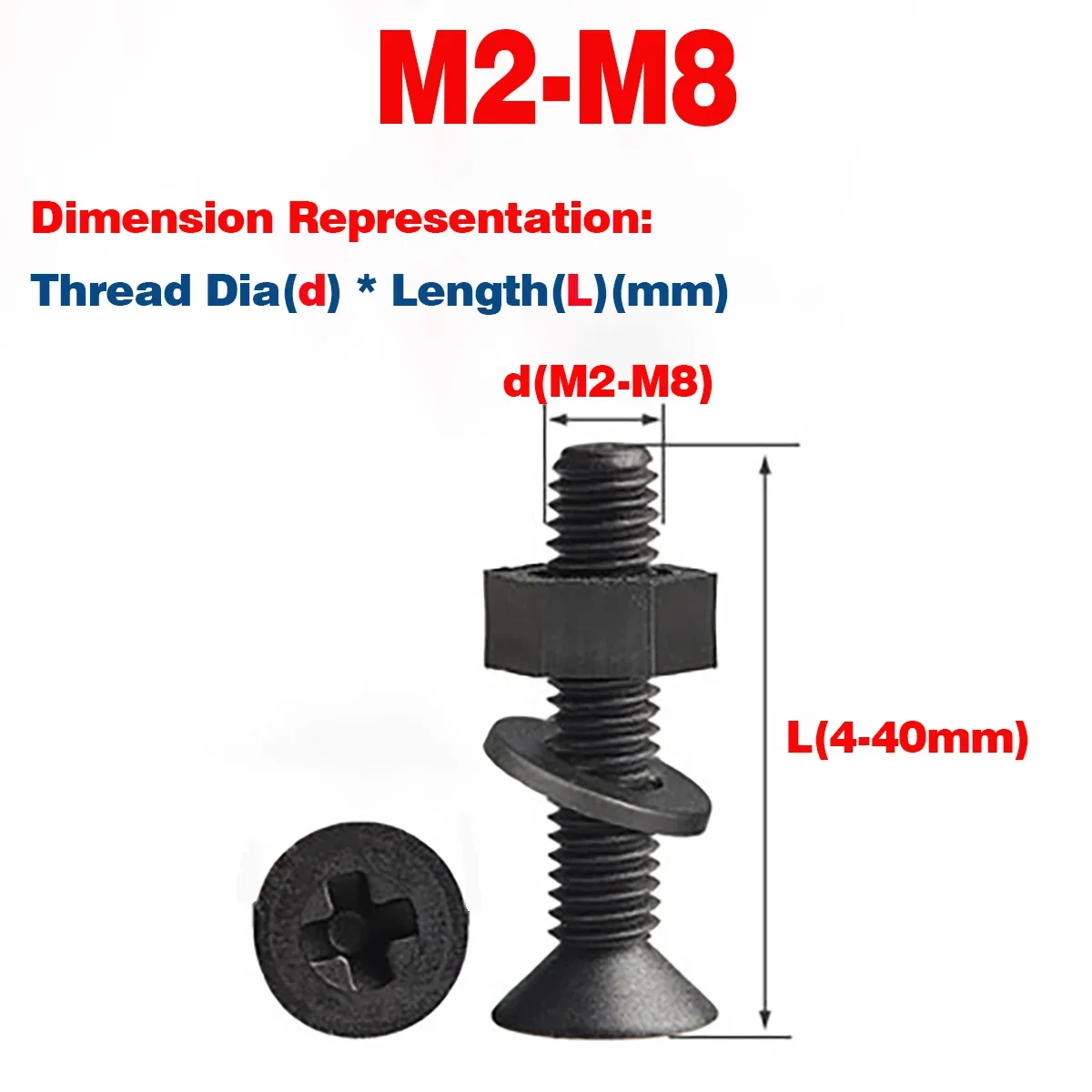 Black / White Nylon Countersunk Head / Flat Head Screw Nut Gasket Set M2-M8/Phillips Screws