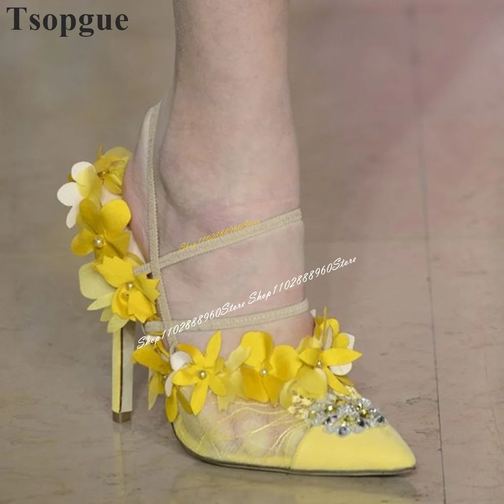 

Runway Yellow Flower Crystal Decor Sandals Thin High Heel Women Shoes Back Strap Pointed Toe 2024 Fashion Zapatos Para Mujere