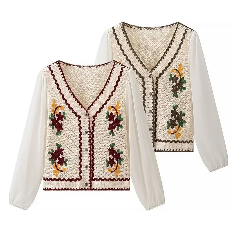 

Retro Hook Flowers Knitting Blouse Sweater Spring Autumn Long Sleeve Big V-neck Shirts Woman Blusas Tops