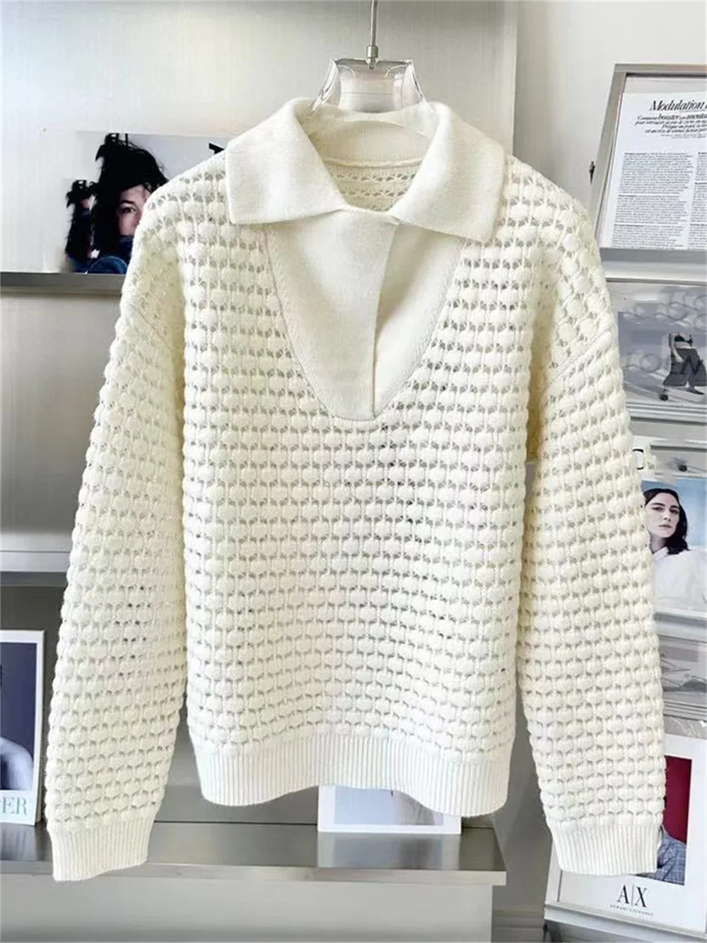 Sweater for Women 2023 New Crochet Hollow Out Turn Down Collar Solid Color Loose Casual Long Sleeve Pullover