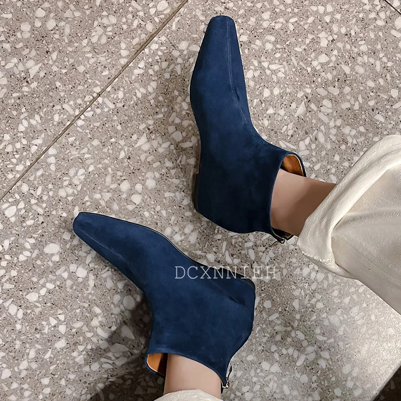 New Cow Suede Square Toe Chelsea Boots Women's Solid Color Rear Zipper Flat Ankle Boots Autumn Winter Retro Versatile Short Boot