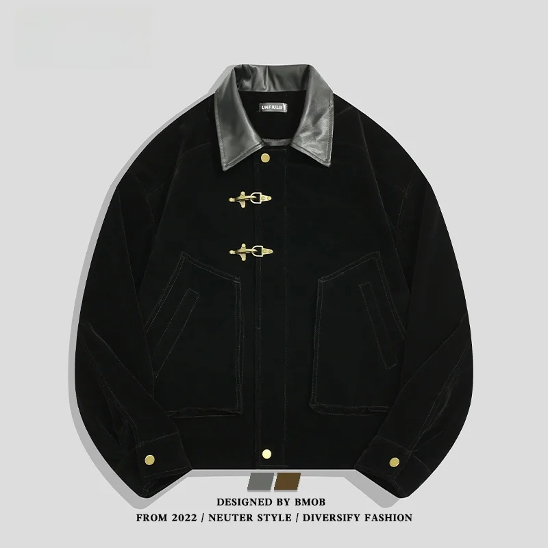 

Ретро-куртка BMOB в рабочем стиле с кожаным воротником и нашивками, модная повседневная верхняя одежда унисекс