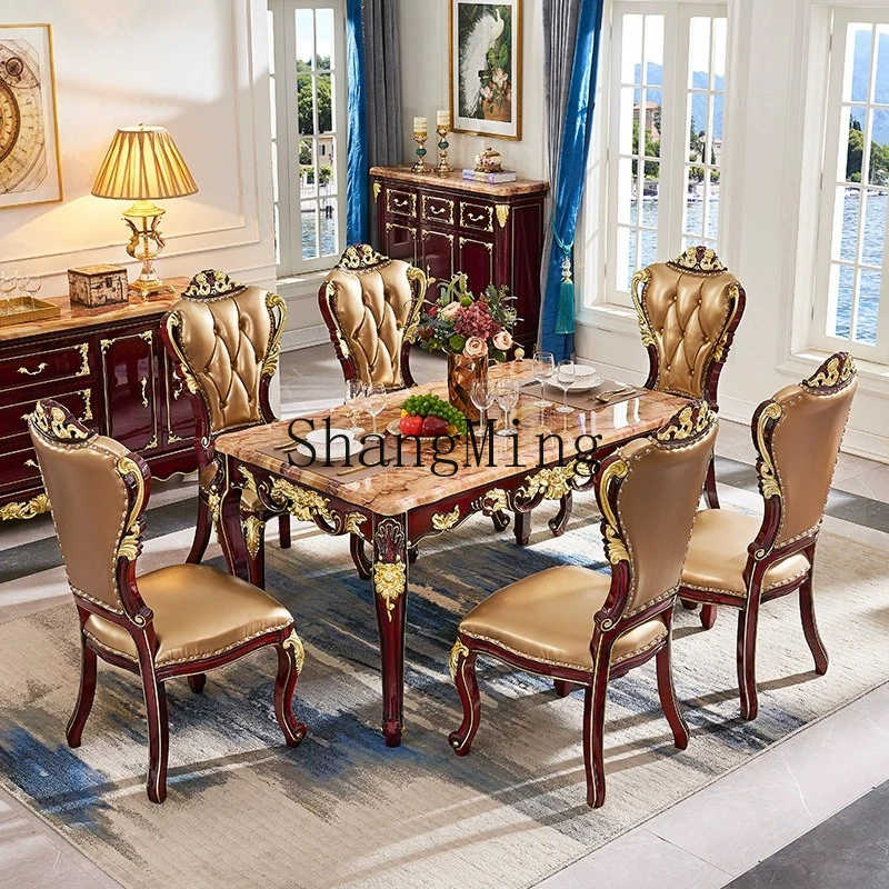 

SM high-end solid wood marble gold-painted dining table, home combination dining room furniture