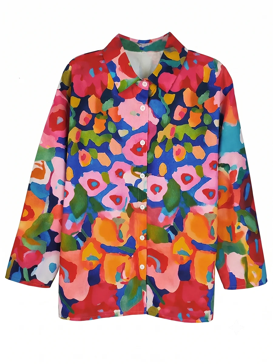 Women Fashion Plus Size Floral Print Blouse Loose Button Down Shirt Vintage Abstract Colorful Art Long Sleeve Casual Top image 3