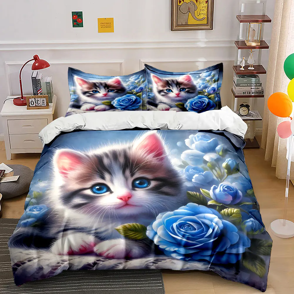 "Floral Kitten-Themed Decor Set"  kid's and adults' bedroom decor, Exquisite three-piece bedding set gift