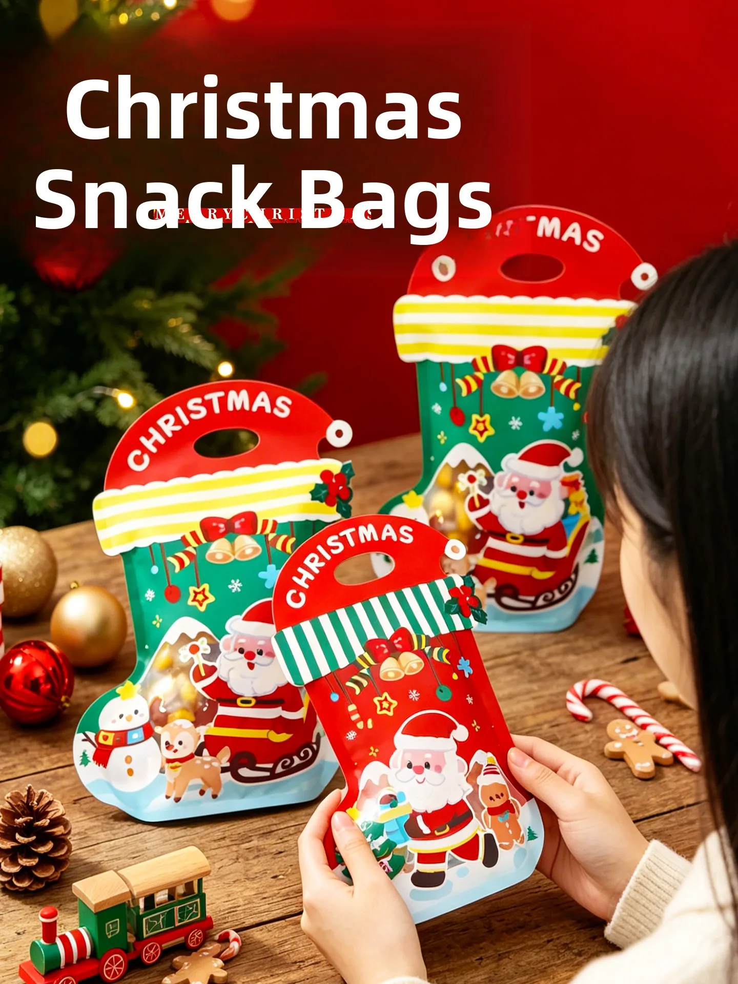 幼稚園のクリスマスイブの祝日プレゼント用、密封された手持ち式アップルキャンディギフトバッグ、プレミアムパッケージ、クリスマスデザイン