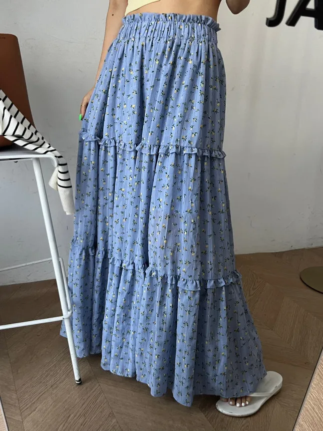 

Gentle Wind Floral f-length Skirt High-waist Women's Summer Casual Personali Tulle Splicing Maxi Skirt Cake Skirt