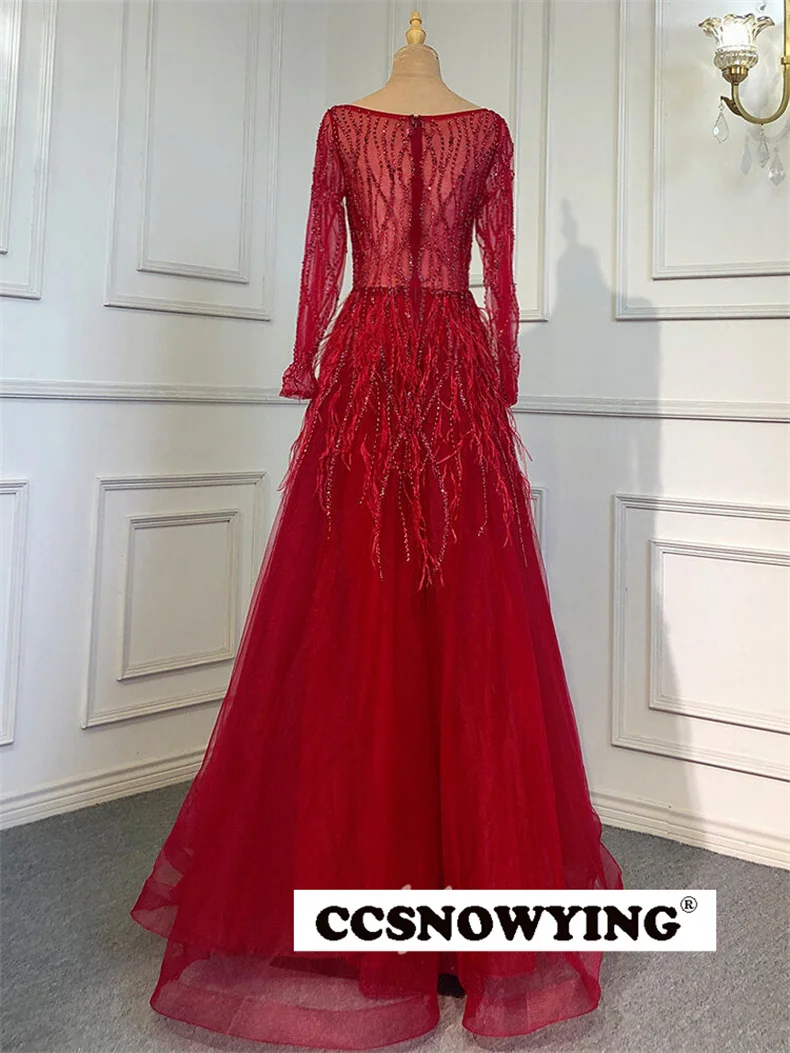 Burgundy Appliques Beaded Feather Evening Dresses Tulle Long Sleeve Women Formal Party Gown Arabic Dubai Robes De Soirรฉe