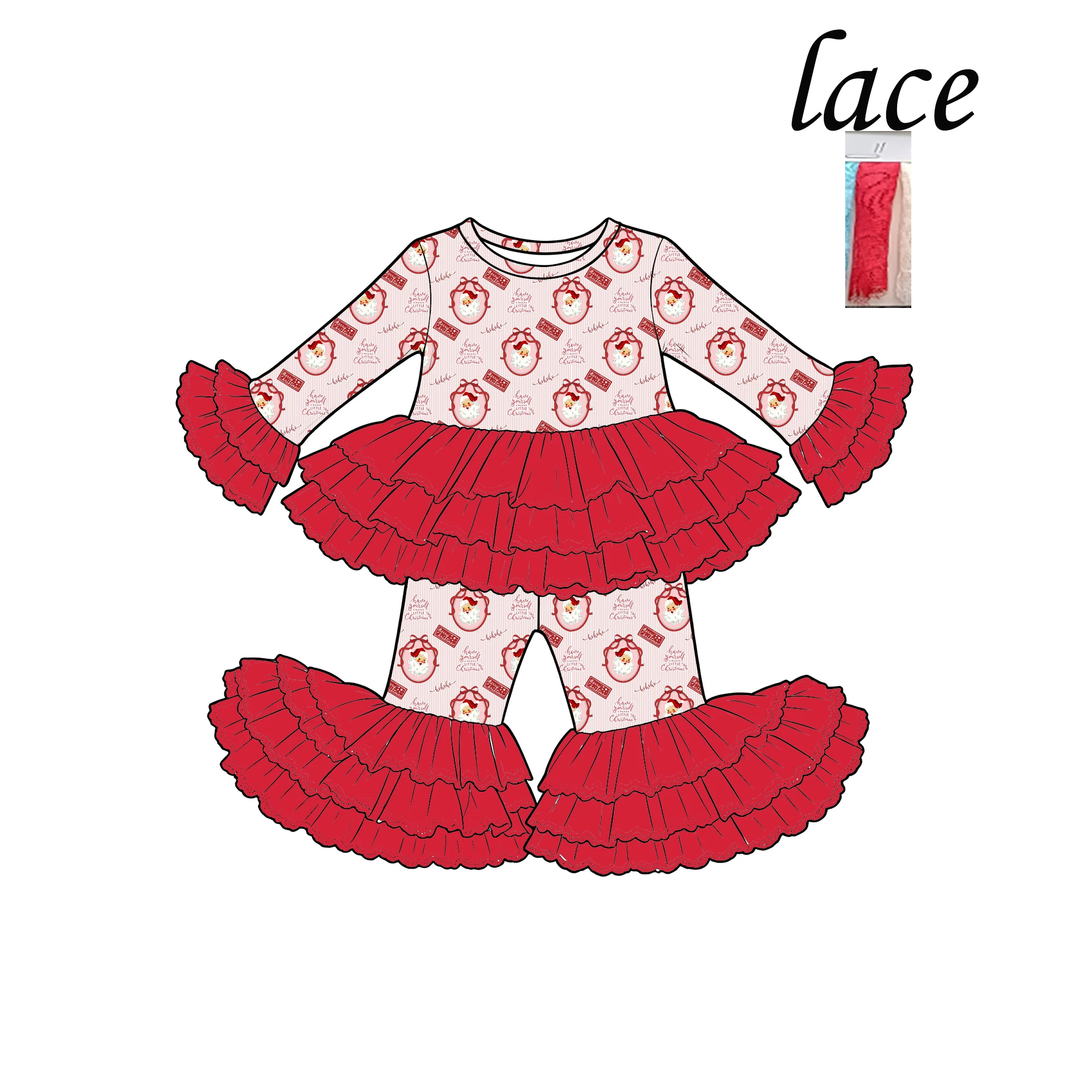 Boutique Girl Christmas Outfit Santa Claus Print Long Sleeve Lace Ruffle Tunic Top Flare Pants 2Pcs Set Custom Kids Clothes