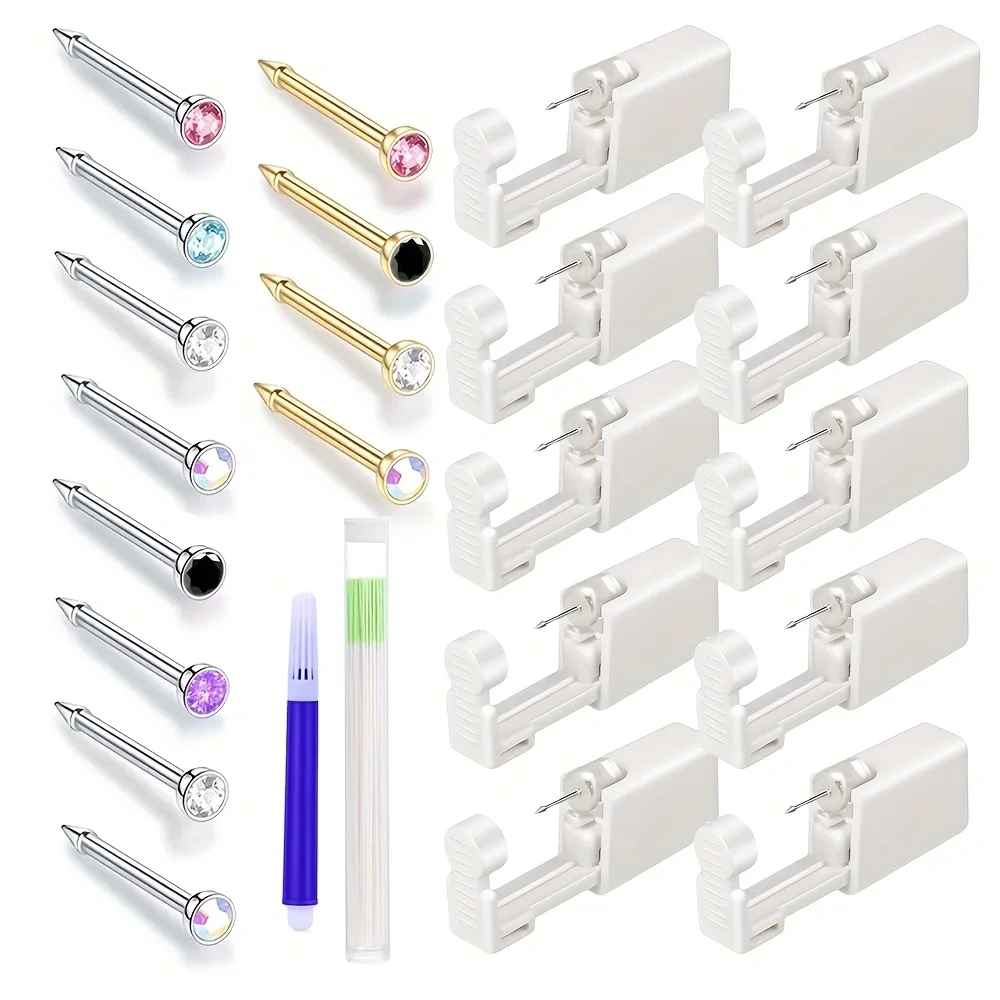 4PCS Ear Piercing Kit Disposable Nose Piercing Kit Built In Cz Nose Rings Painless Ear Piercing Gun WIth Ear Hole Cleaning Tool