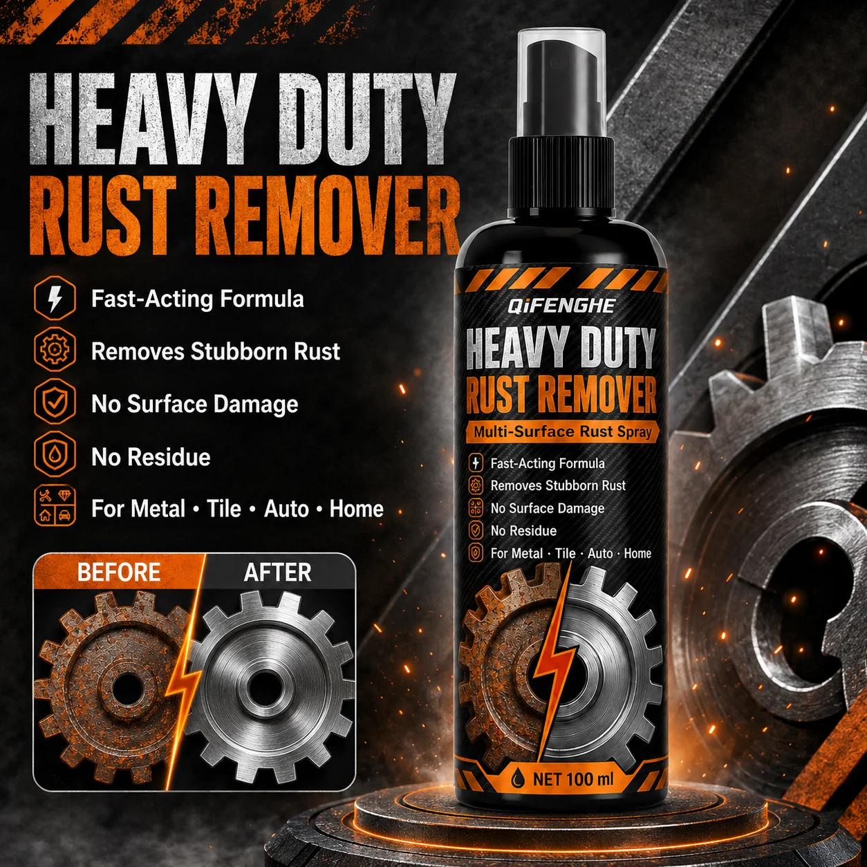 Rust Remover Lubricant Spray, Penetrating Anti-Rust Oil for Bike Chain Car Hinges Tools, Removes Rust Stops Squeaks