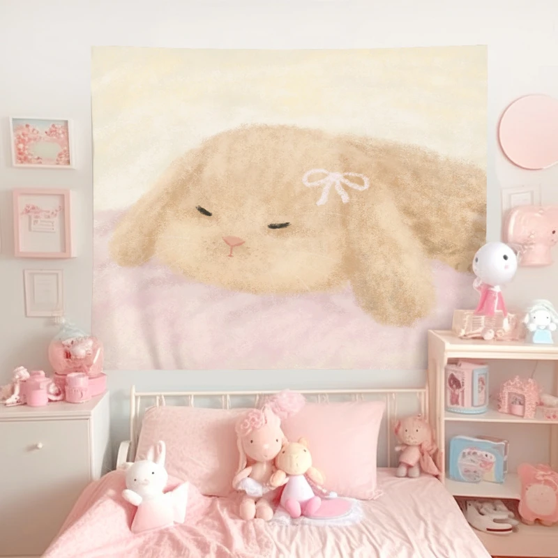VIKAMA Cute Sleeping Bunny Tapestry Wall Hanging Watercolor Soft Pink Bow Kawaii Animal Aesthetic Wall Art Nursery Decor