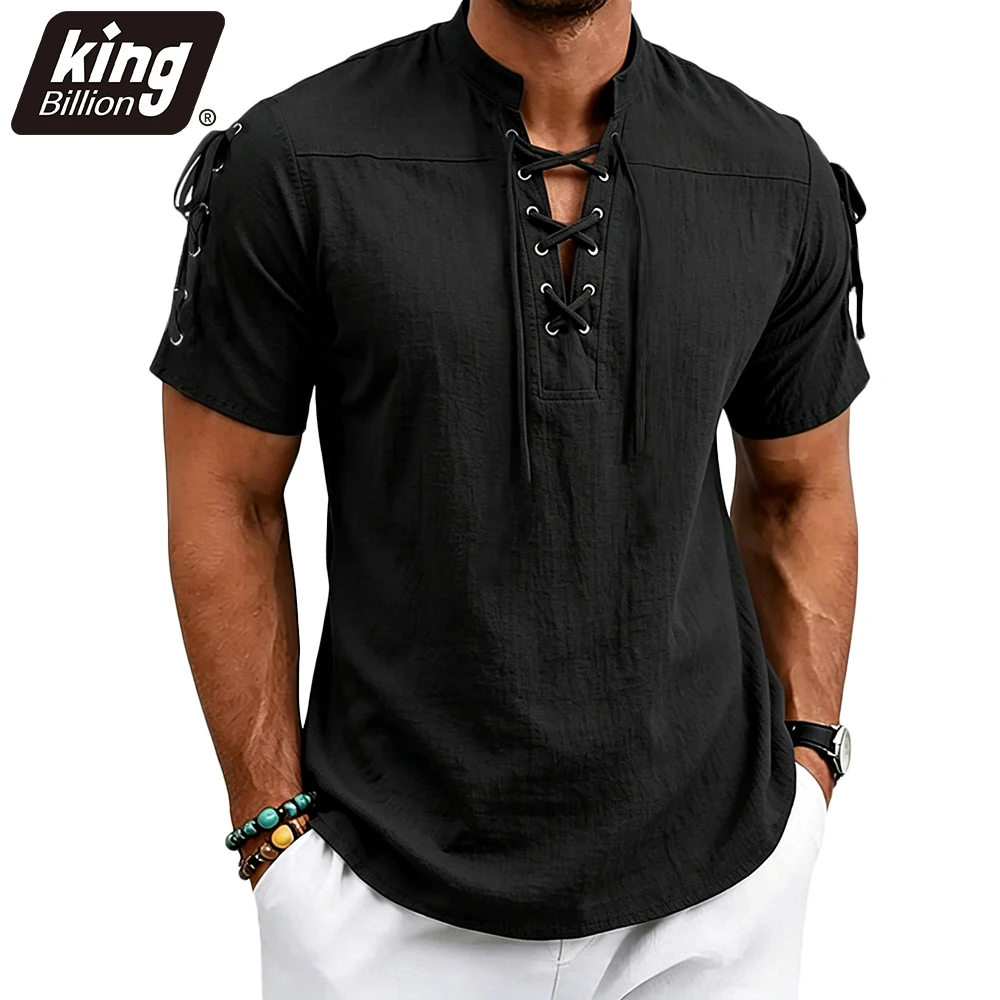 

Men's Vintage Short Sleeve Shirt Henley Neck Summer Cotton Linen Breathable Lightweight Lace Up Casual Solid Color Tops