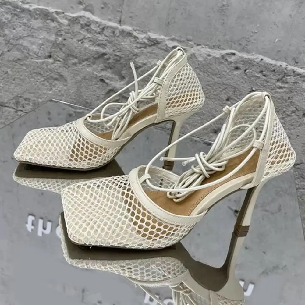 36 - 43 Sexy Women Sandals Hollow Mesh Faux Leather Cross-tied Bandage Female Square Toe High Heels for Party Large Size