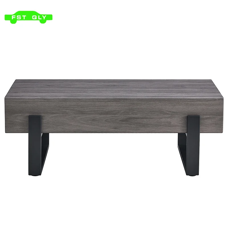 A rustic gray wood grain MDF coffee table with black metal legs - an elegant space in natural wood tones  WL