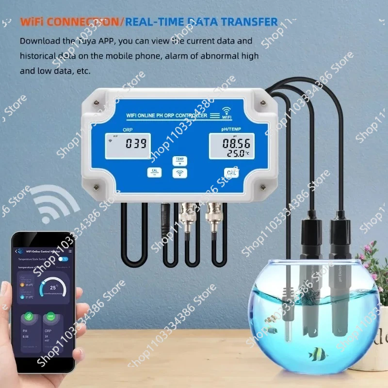 WiFi Aquarium Water Quality Meter Controller - PH/ORP/TEMP Detector 24H Online Monitor with BNC Electrode