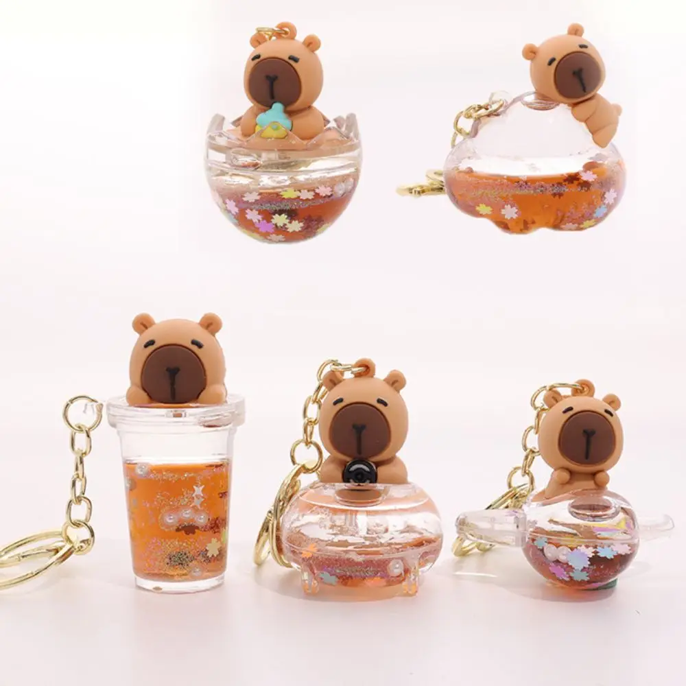 Flowing Sand Bottle Capybara Key Ring Bobblehead Oil Capybara Guinea Pig Keychain Cartoon Anti-Lost Capybara Backpack Pendant