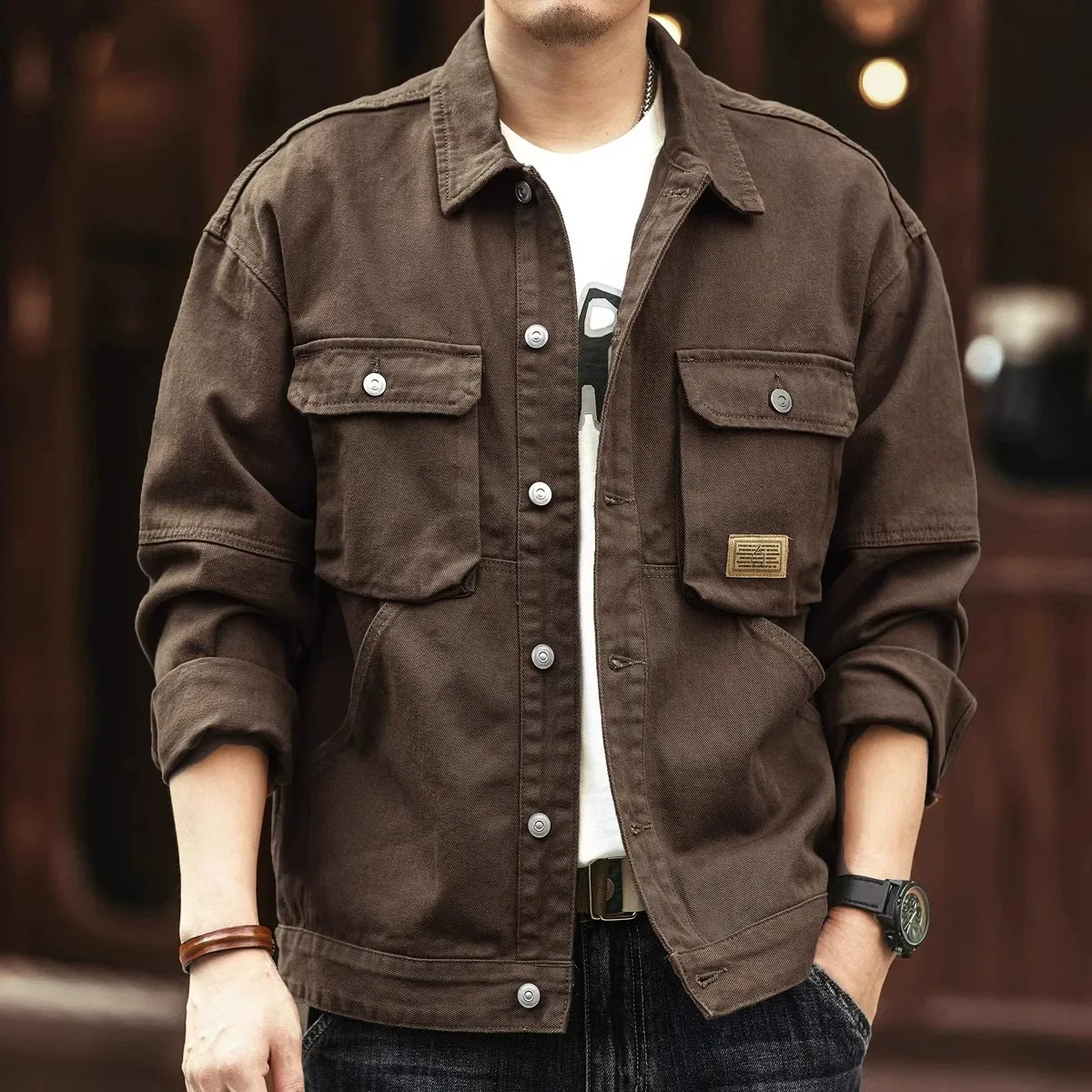 Mens Casual Long Sleeve Work Jacket Anti-Tear Wear-Resistant Spring Autumn Japanese Style Retro Dirt-Resistant Coat for Men