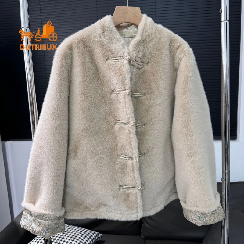 New Winter Reversible Fur Coat for Women, 100% Suede, Fashionable Travel Office Warm Buttoned Floral Coat Fur Jacket for Women