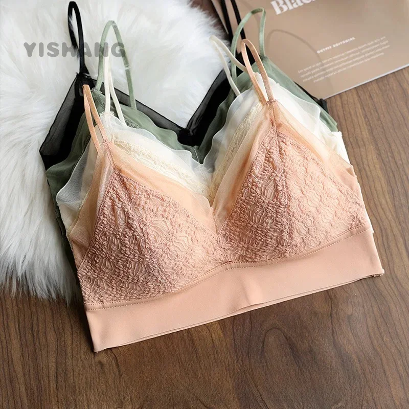 New French Triangle Cup Sexy Lace Seamless Embroidery Beautiful Back Bra Breathable Traceless Wire-free Vest-style Underwear