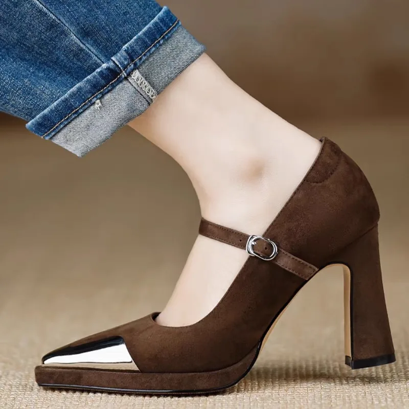Square Toe High Heels Women Shoes Elegant Chunky Party 2024 Autumn Shoes Designer Buckle Pumps Walking Fashion Femme Chaussures