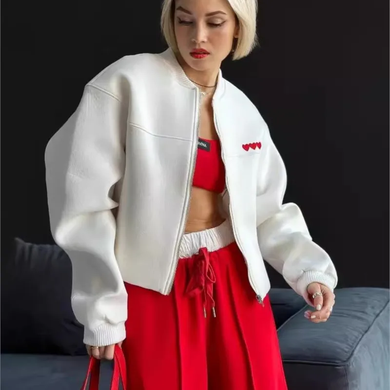 Fashion Embroidery Women Bomber Jacket O-neck Zipper Long Sleeved Loose Short Coat 2025 Casual High Street Lady Office Outerwear