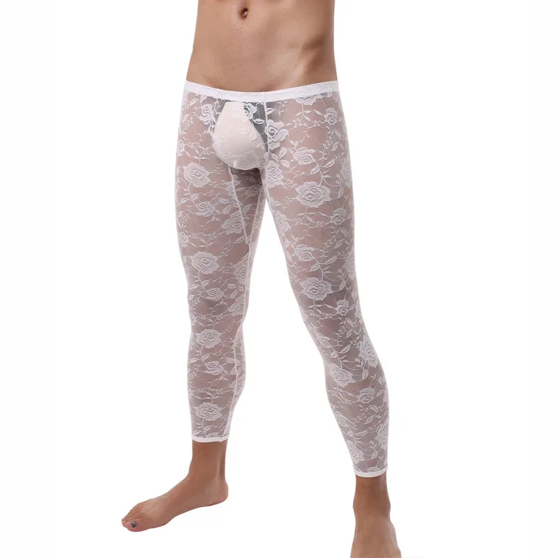 Mens Sexy Sheer Pajama Pants Low Rise Floral Lace Sleep Bottoms Gay Sissy Underwear Sexy Sleepwear Male Leggings Lounge Pants