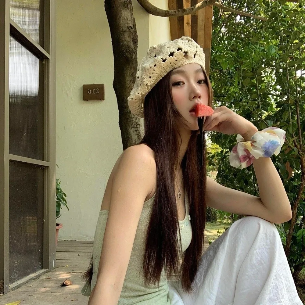 Elegant Breathable Flower Hat Thin Japanese Style Hollowed Out Beret All-match Headgear Crochet Knitted Cap Holiday