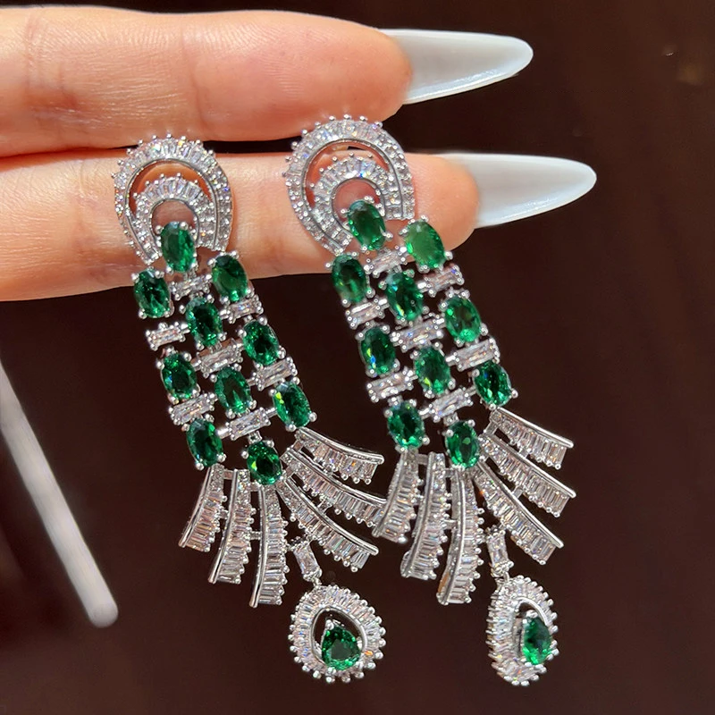 Luxurious colored gem fan-shaped earrings with long tassels bridal evening accessories