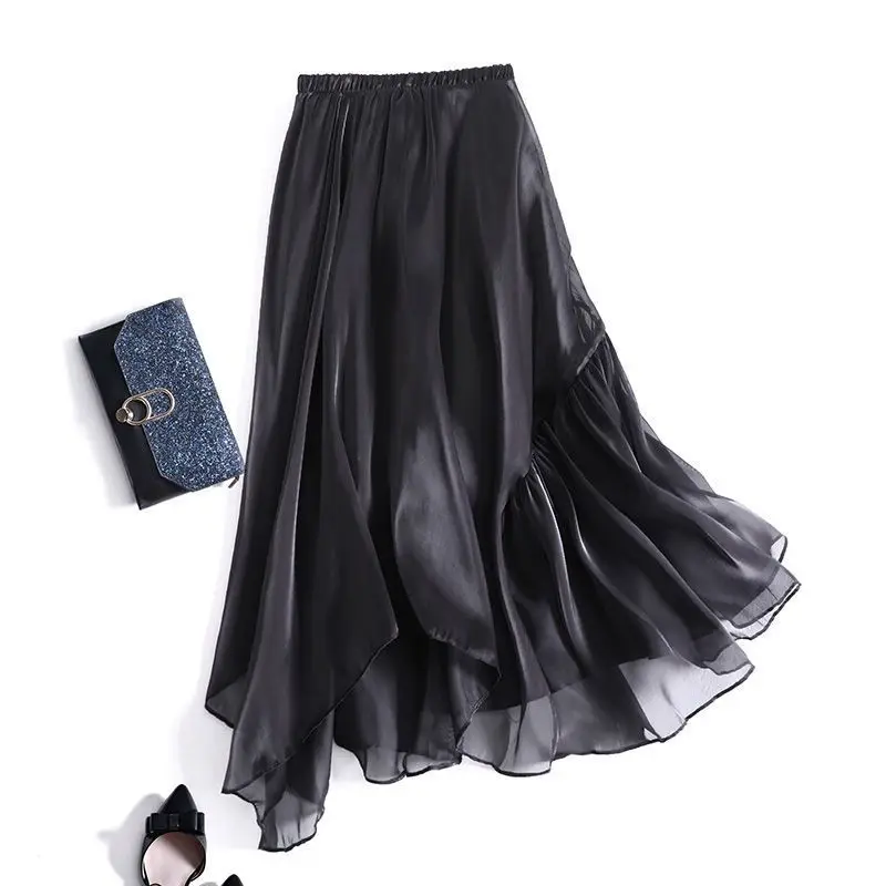 

Women New Glossy Loose Pleated Skirts 2026 Summer Irregular Thin Big Swing Skirt Female Fashion Thin Solid Color Skirts U137