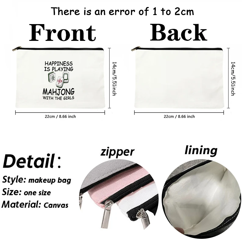 Mahjong Print Canvas Cosmetic Bag Zipper Storage Pencil Bags Wallet Travel Perfume Lipstick Makeup Bags Gift for Gambling Lover