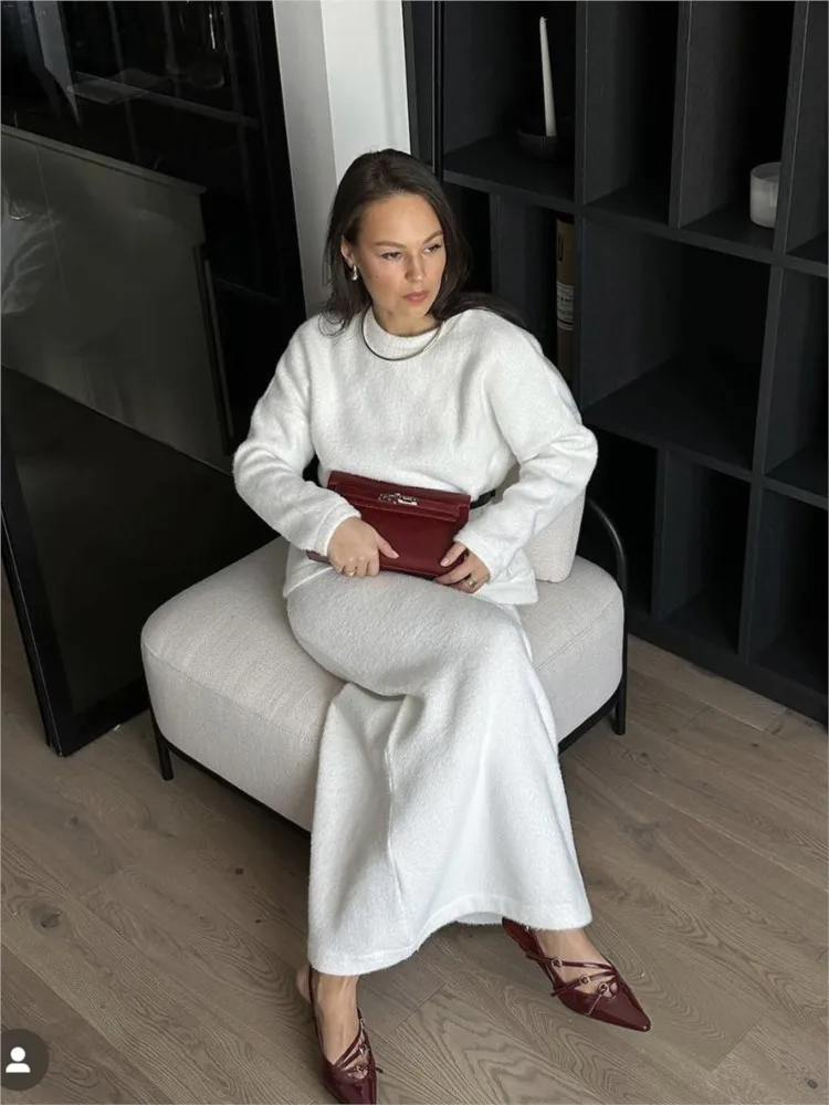 Soft Knit Pullovers Tops And Fishtail Long Skirt Sets New Fall Winter Fashion Women Suit Vintage O-neck Sweater + Skirts Outfits