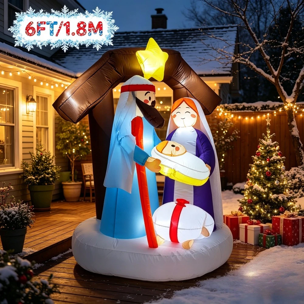 Christmas Blow Up Nativity Scene 6FT Inflatable Holy Family with Star Manger Decor Outdoor Holiday Yard Lawn Art Decoration