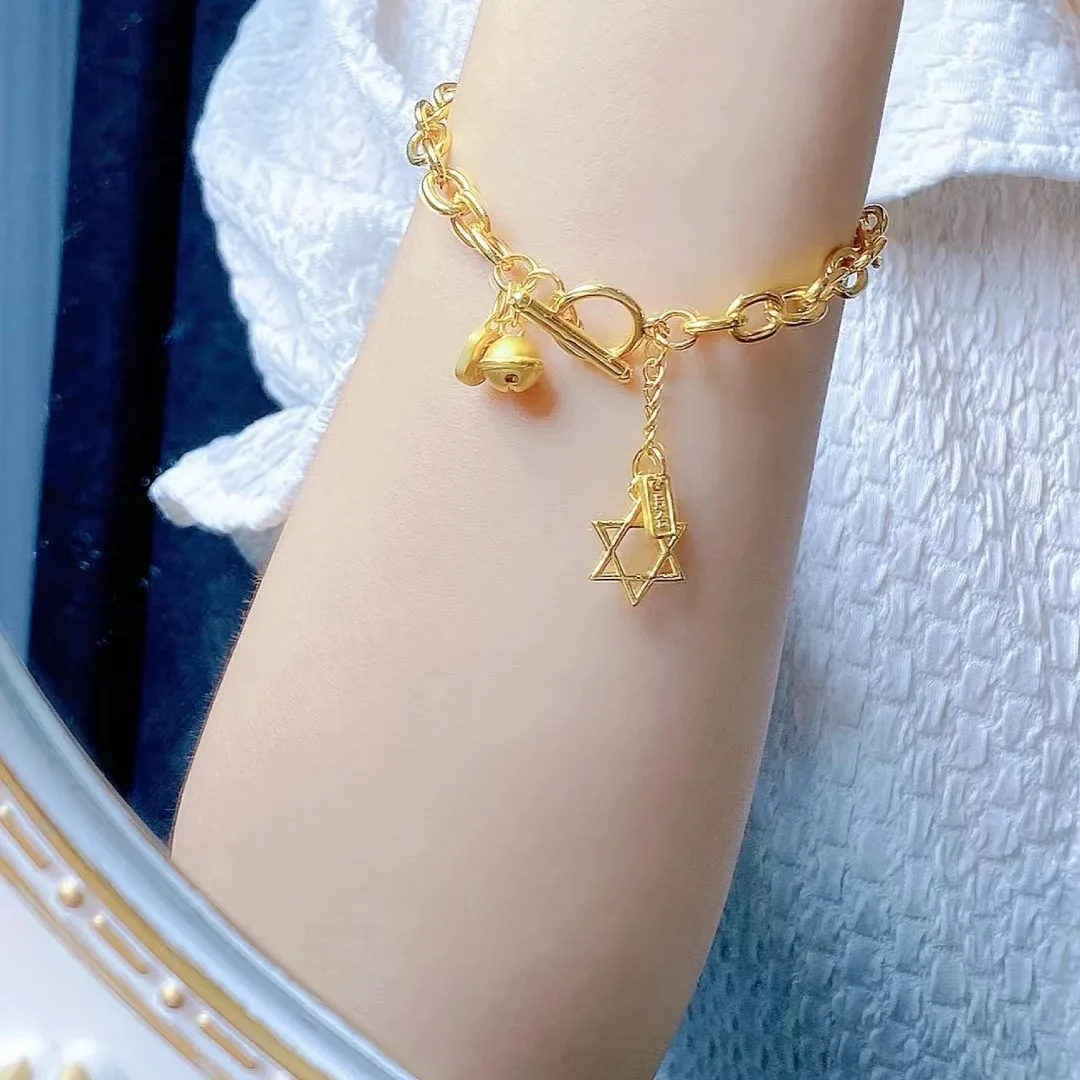 Classic Gold Color Cuban Chain Bell Hollow Carving Six Pointed Star Bracelet Versatile Anniversary Bracelet Jewelry Accessories